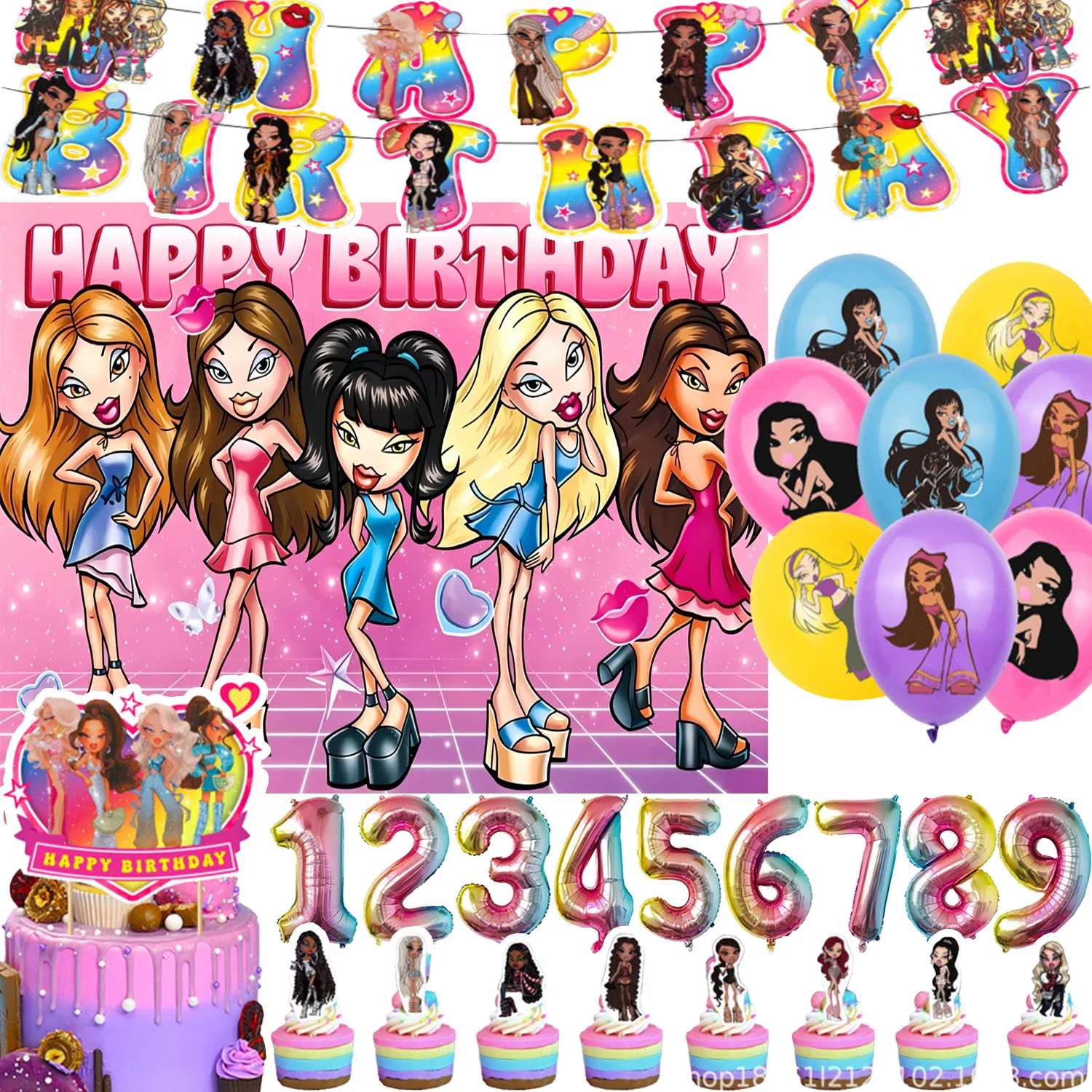 

Cartoon&Bratz&Girl Theme Birthday Party Supplies Decor Y2K Retro 90s Balloon Banner Backdrops Cupcake Topper Kids Child Gifts