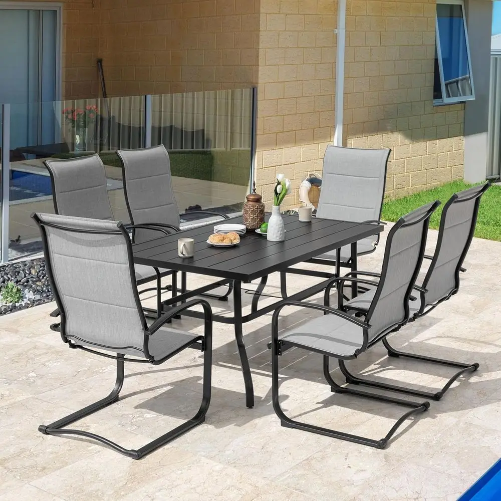 Gray and Black 7-Piece Outdoor Dining Set with 6 Chairs and 61 Rectangular Table, Umbrella Hole Included