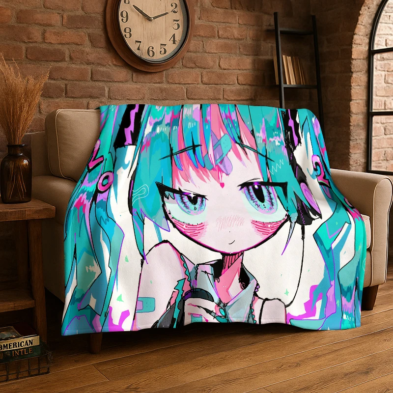 Music Girl M-MIKU Cartoon Flannel Blanket Soft Warm Throw Blanket for Bedroom Living Room Bed Travel Camping Picnic Gift
