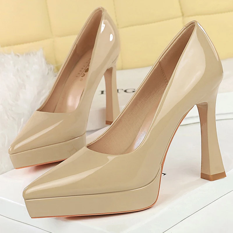 BIGTREEシューズ プラットフォームパンプス レディース 12cmヒール パテントレザー ハイヒール 太ヒール レディースシューズ ポインテッドトゥ パンプス ファッション