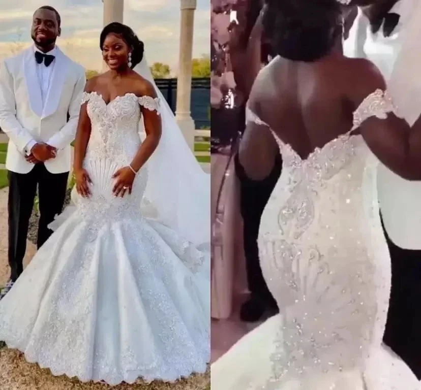 

Customized Modern African Mermaid Wedding Off Shoulder Backless Bridal Gown Major Beading Crystals Appliques Pleats Beautiful Dr