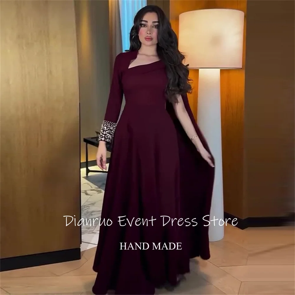Dianruo mangas assimétricas borgonha vestidos de noite embelezados punhos vestido de baile uma linha vestido de seda de cetim árabe saudita personalizado