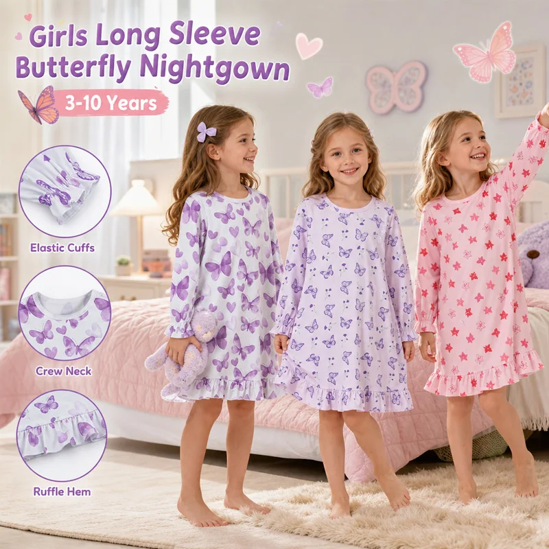Little Hand Kids Girls Lightweight Breathable Sleep Dress Long Sleeve Cute Butterfly Print Ruffle Cuff Home Nightdress for 3‑10Y