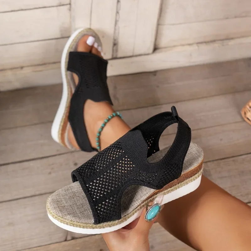 2024 Womens Summer New Fashion Open Toe Mesh Breathable Womens Shoes Outdoor Casual Simple Solid Color Womens Sandals Large Size