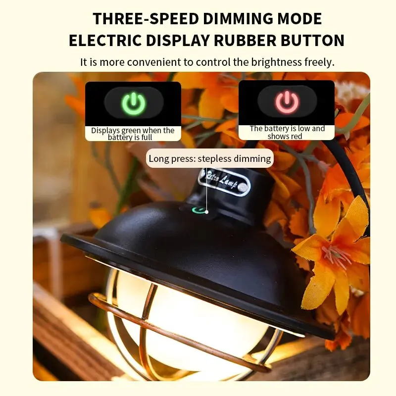 Retro Portable Camping Lantern Rechargeable Light Hanging Camp Lamp Outdoor Light Household 3 Modes Dimmable Flashlight