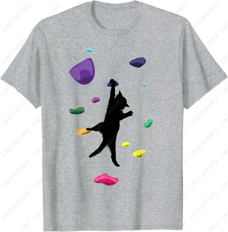 Fun Cat Climber Rock Climbing Gift for Men Women Cotton T-Shirt Sport Graphic Simple Style O-neck Printed Tops Kitten Lover Gift