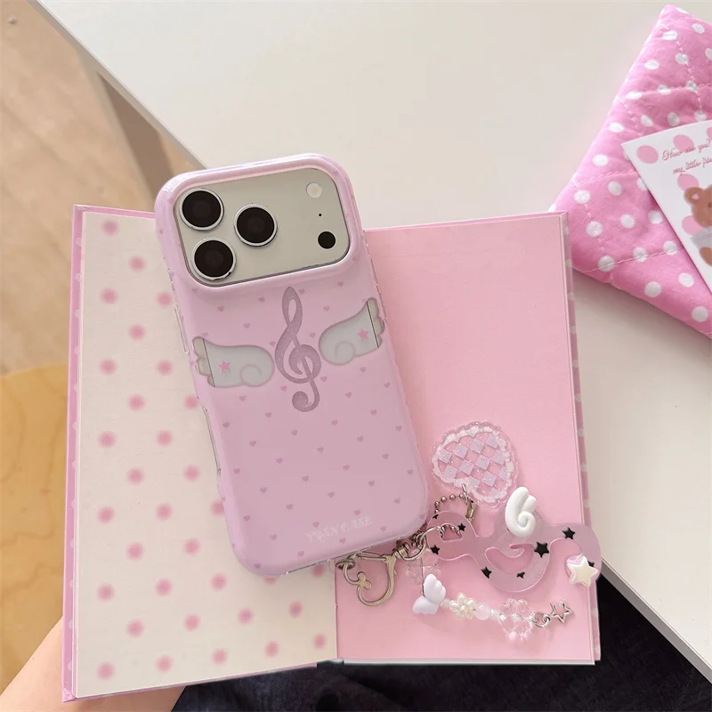 Purple Treble Clef Wing Phone Case For iPhone 15 16 17 ProMax Tiny Heart Large Window With Star Heart Pendant Matte Soft Cover