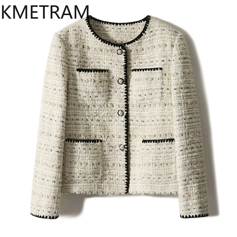 KMETRAM White Tweed Jackets High Quality New in Outerwear O-Neck Elegant Short Coat Fall Clothes Women 2024 Chaquetas Para Mujer