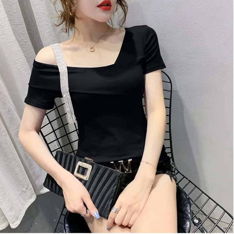 #5301 Summer Sexy Short Sleeve T Shirt Women Skew Collar Diamonds Skinny T Shirt For Girl Solid Color Tee Shirt Korean Fashion