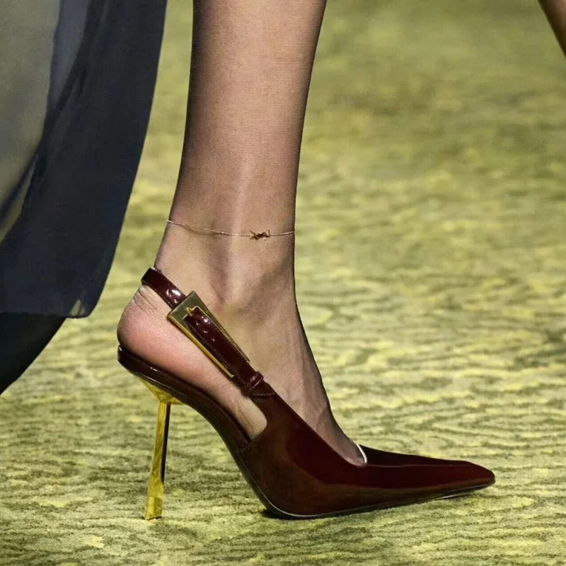 

Brown Pointed Closed Toe Slingback Stiletto Sandals Woman Summer 2025 Black Buckles Sexy High Heels for Women Patent Leather