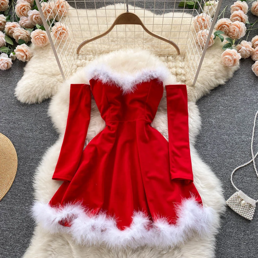 Autumn And Winter 2022 Christmas Dress Nightclub Women Dress Sexy Strapless Backless Waist Closing A-line Skirt