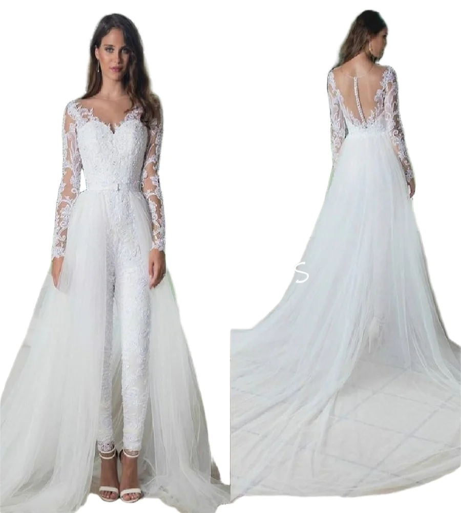 Elegant Jumpsuit Overskirt Wedding Dress 2025 Long Sleeve Lace Beach Country Bride Dress Romantic Pantsuit Bridal Customized