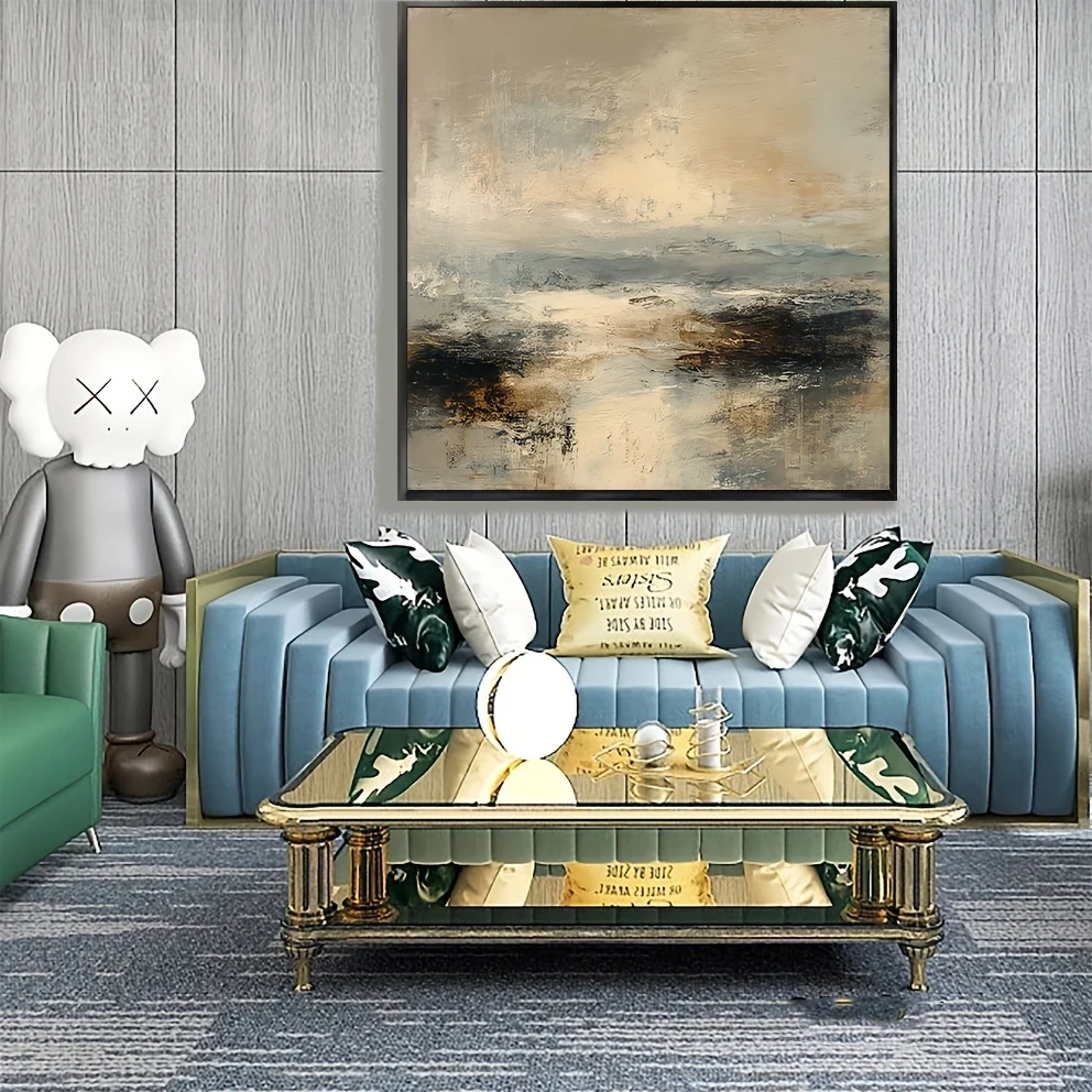 Mhemyo Abstract Hand Painted Oil Painting This Canvas Uses Light Beige And Cool Blue Modern Wall Art For Living Room Home Decor
