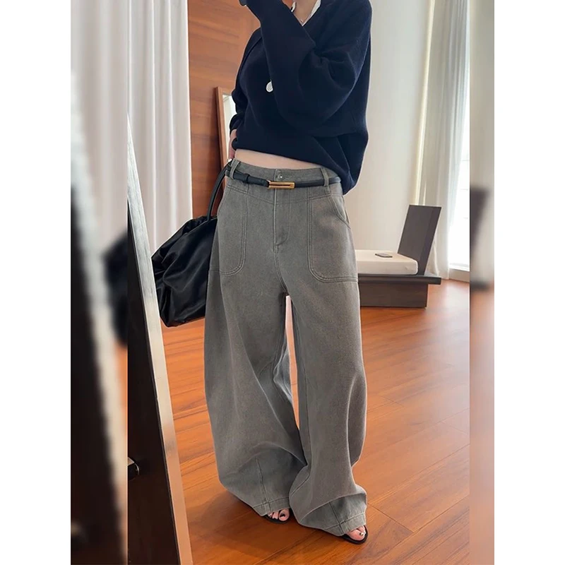 ZHIZOU Amerikaanse vintage jaren 2000 stijl hoge taille grijze jeans broek herfst dames baggy Y2K wijde pijpen denim broek vrouwelijke kleding