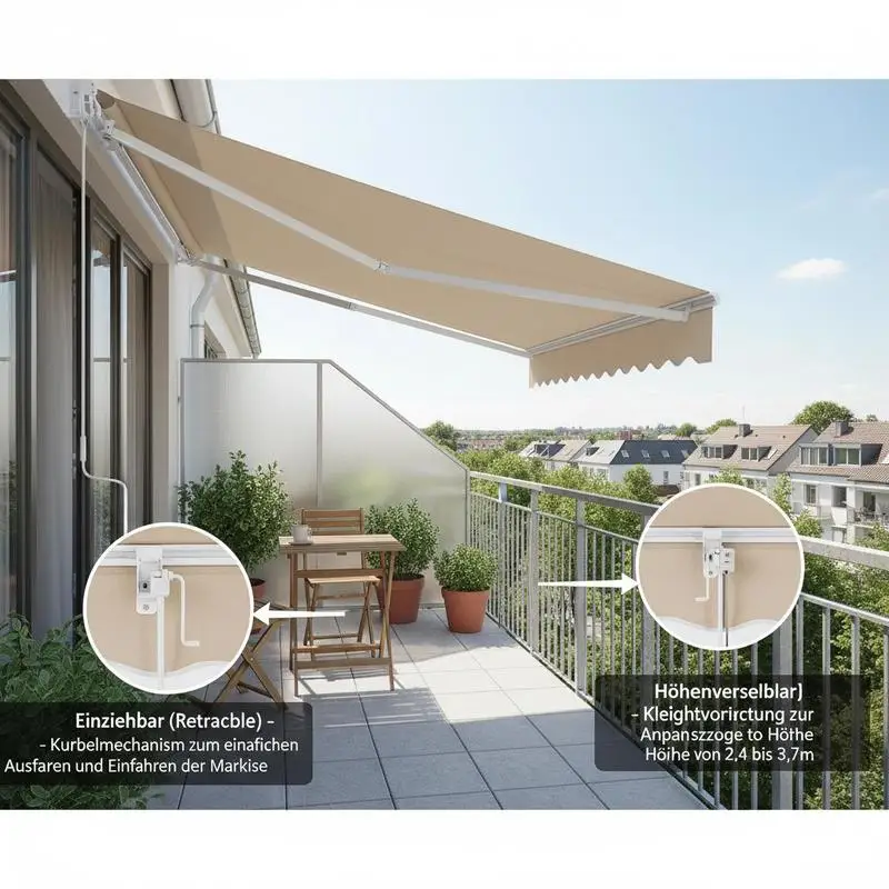 Manual Retractable Awning, 12 x 10 ft Outdoor Patio Awning Retractable Sun Shade, Water-Resistant Polyester Patio Door Window Awning Sunshade Shelter with Crank Handle for Backyard, Balcony