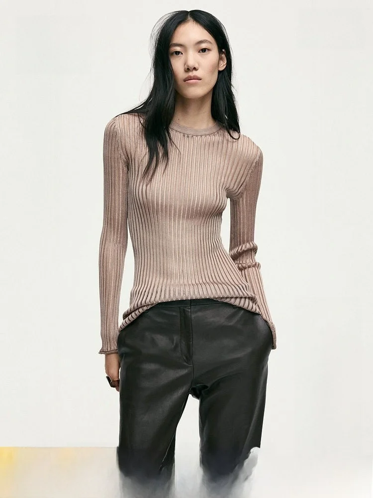 

H&M Women's Knitted T-shirt Summer Slim Fit See-through Ribbed Base Layer Top Casual Style Polyester Fiber Hooded