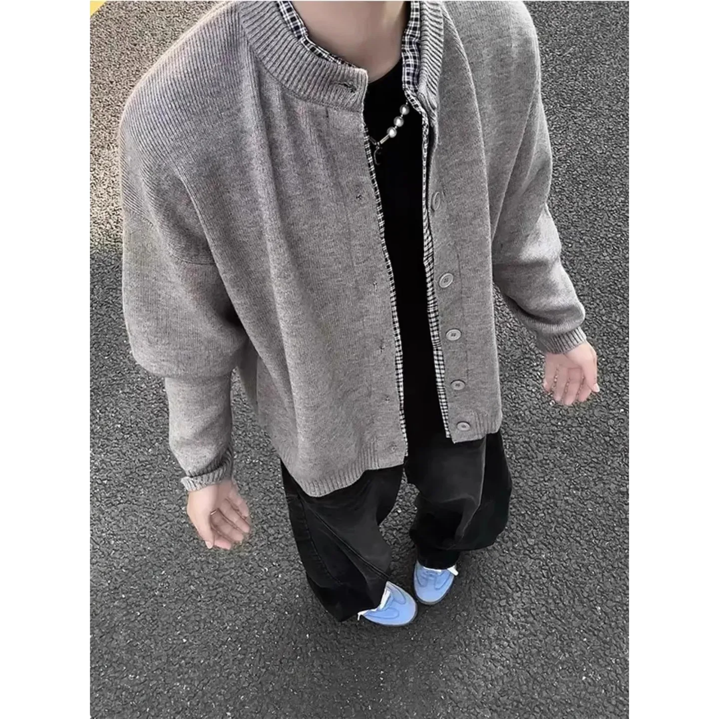 

Retro Japanese Plaid Splicing Open Cardigan Sweater Men's Winter Lazy Sle Thiened Loose Knitted Outerwear