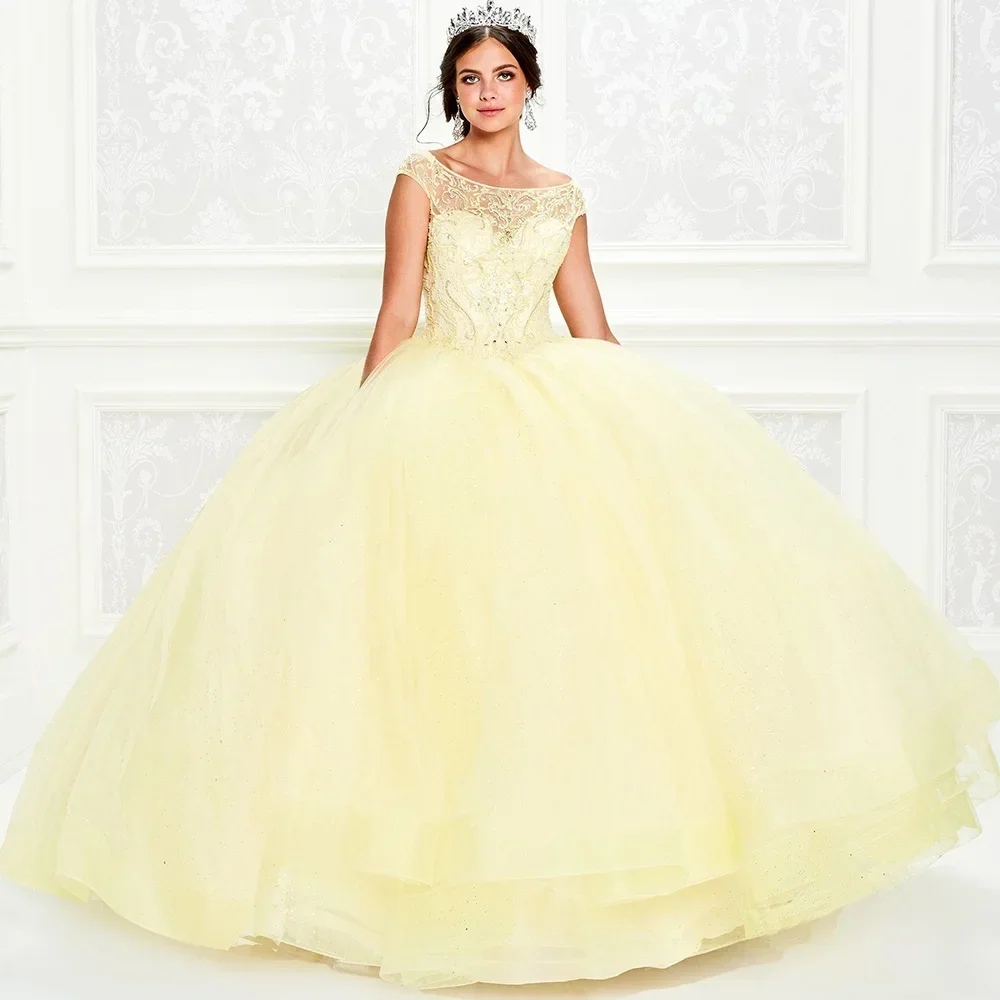 

Customized Luxury Dresses Yellow Tulle Scoop Cap Sleeves Ball Gown Beading Backless Lace Up Sweet Gowns Formal Retro Exquisite M