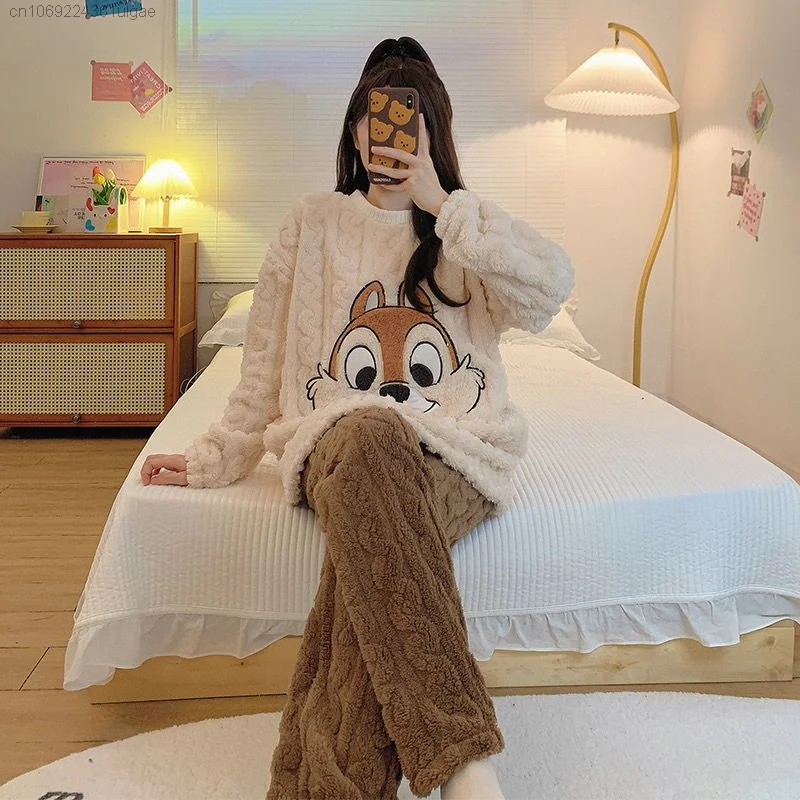 Disney Chip&Dale Cute Matching Set For Women Plush Pullover Tops Trousers Winter Soft Coral Fleece Pajamas Suit Y2k Cute Clothes