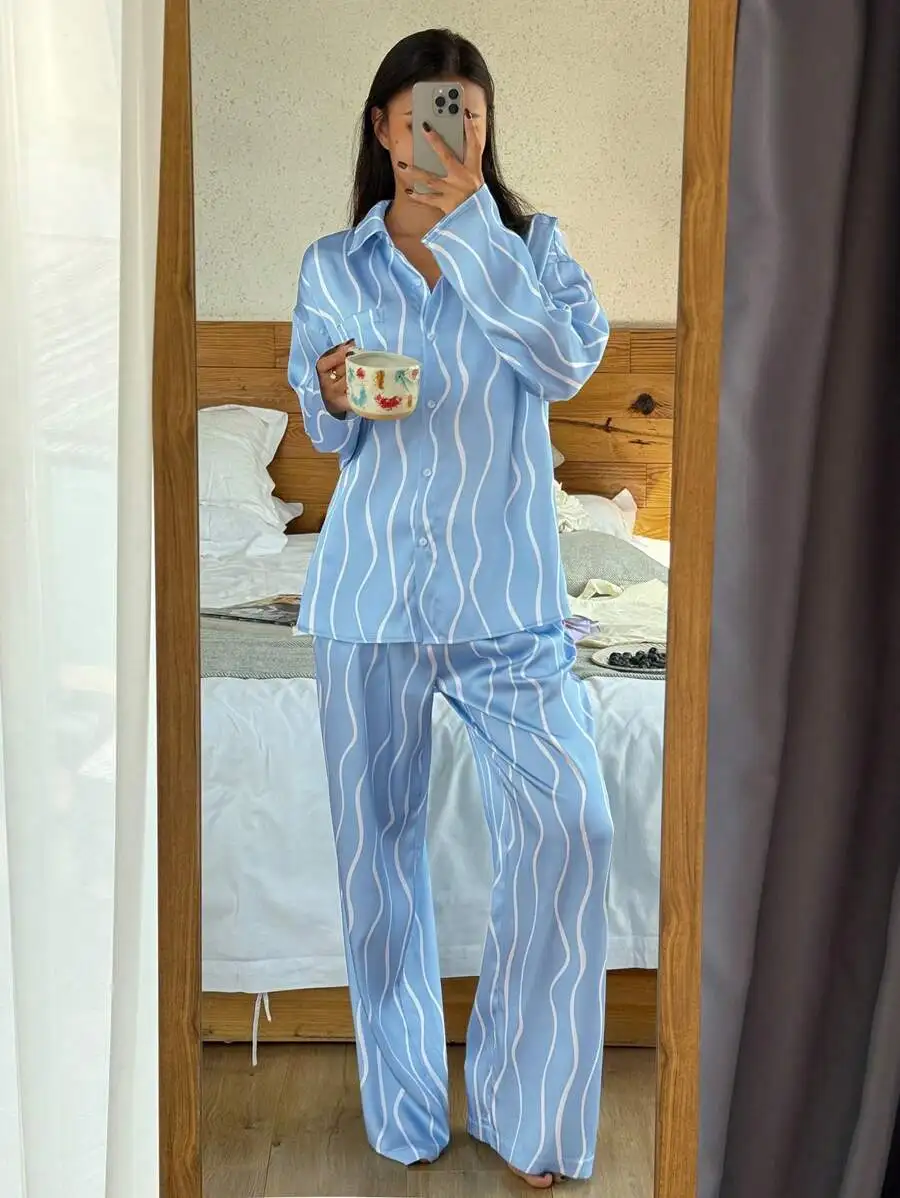 Wave Stripe Satin Loose Shirt Pajama Set For Women