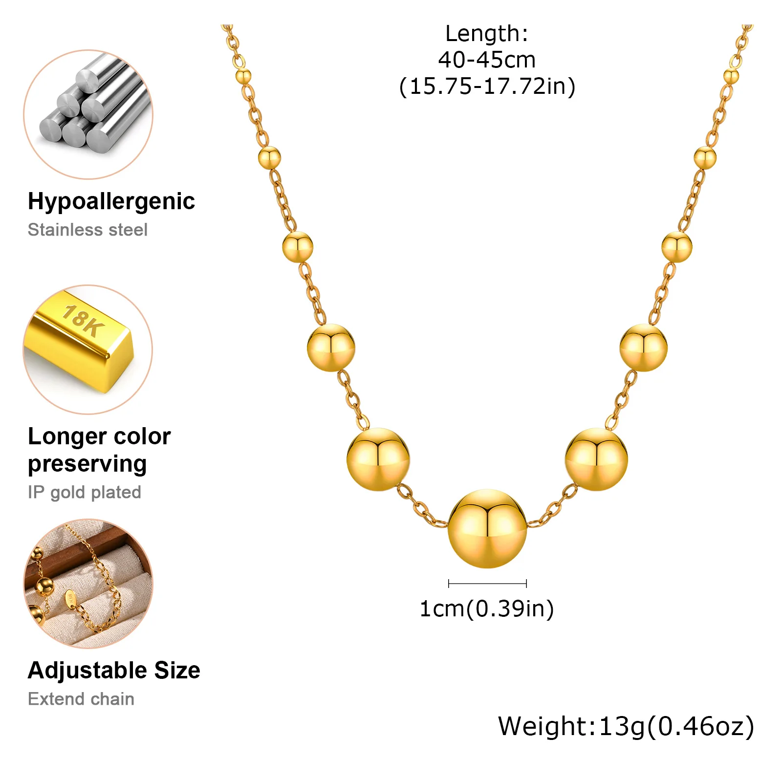 Stainless Steel Necklaces for Women Girls Rolo Chain Fashion Beaded Necklace 18K Gold Color Jewelry Gift