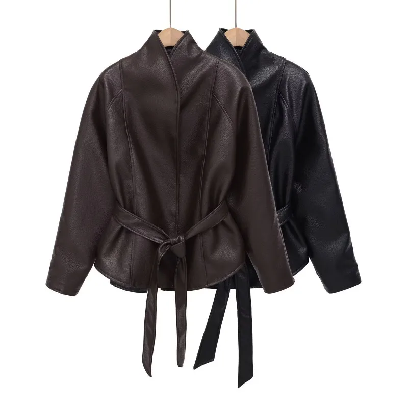 A New Cross-border European American Fashionable and Elegant Faux Leather Jacket with Belt Simple and Fashionable Women's Wear