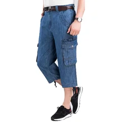 Jeans Shorts Men's Summer Breeches 2024 Multi Side Pocket Casual Bermuda Male Straight Long Blue Denim Loose Cargo Shorts Men