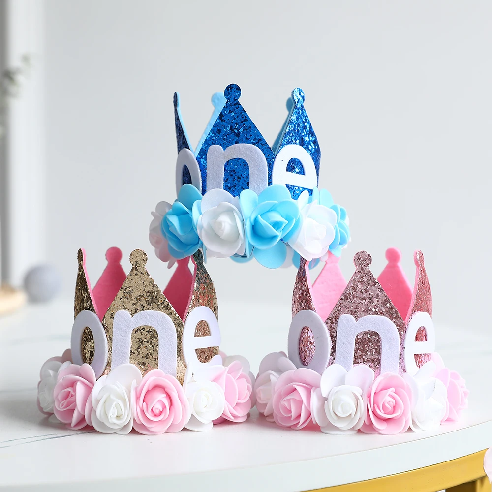 

Happy 1st Birthday Hats Glitter Hat First Birthday Crown Boys and Girls One Year Old Party Hat Baby Kids Hair Accessory