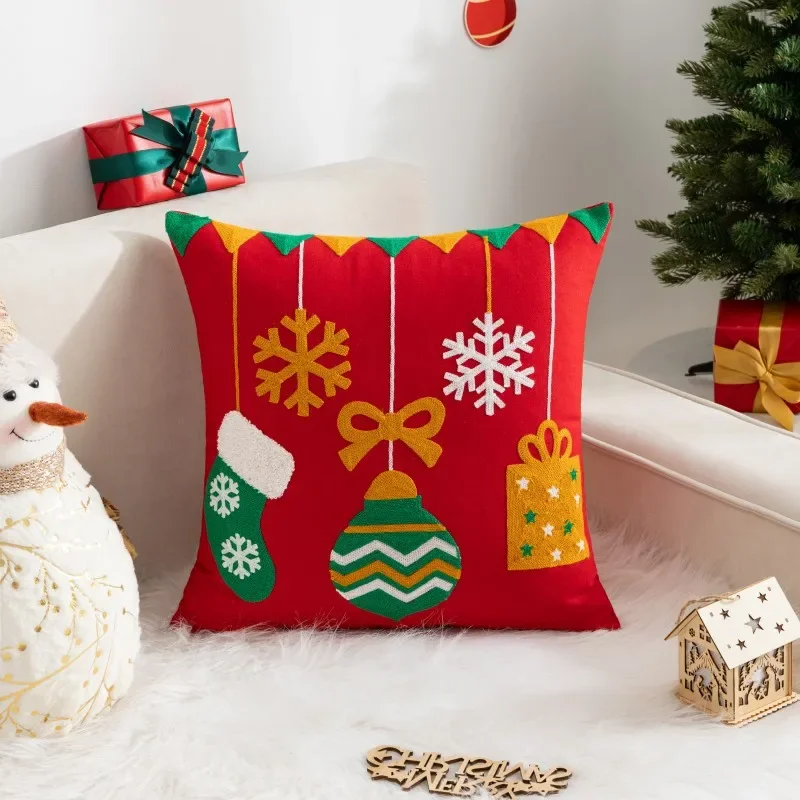 Juste de coussin brodée imprimée de dessin animé de Noël, taie d\'oreiller décorative, père Noël, canapé à la maison