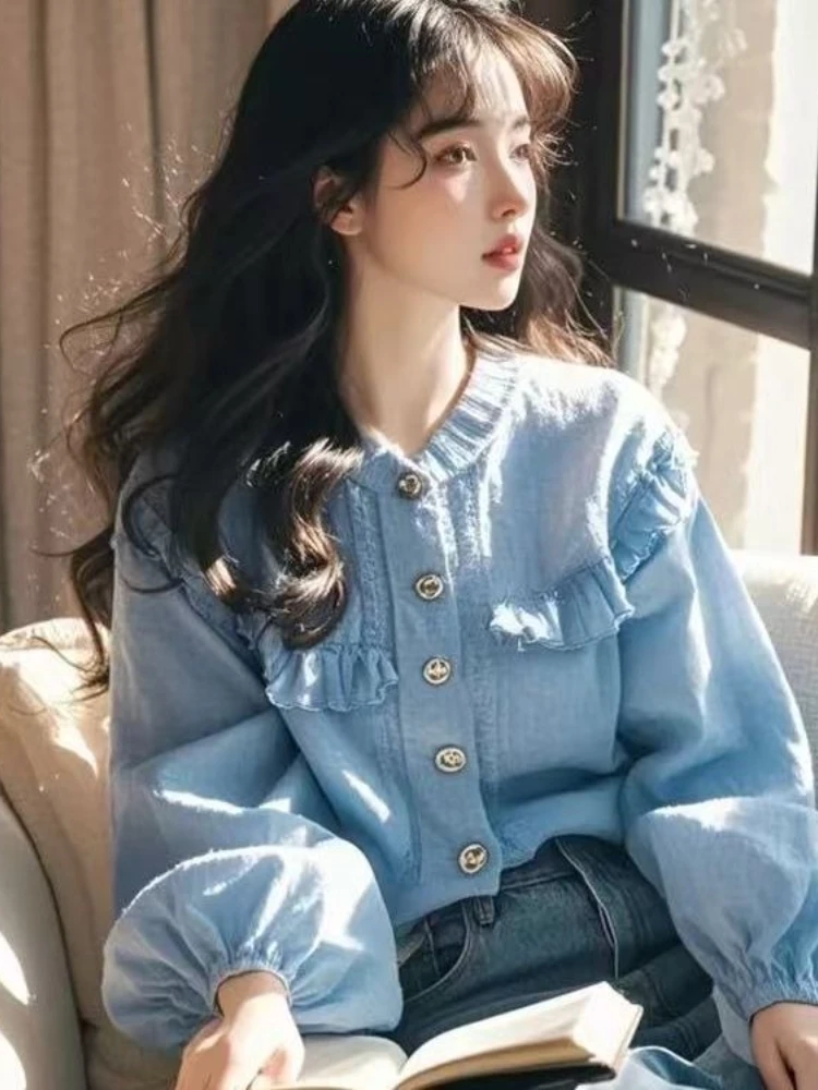 

Fashion Sweet Design Blouses Solid Color Lantern Sleeve Ruffles Patchwork Shirts 2025 New Tops All Match Autumn Women's Clothing