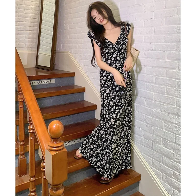 2024 neue Sommer Dame Schwarz Floral Chiffon Rüschen Kleid Frauen Elegante Strand Urlaub Kleid Mädchen Chic Koreanische Mode Kleid