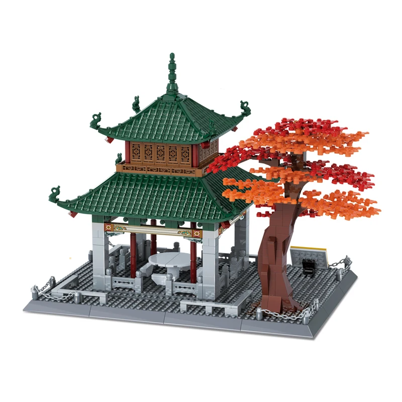 City Street View Chinese Architecture Aiwan Pavilion Building Blocks Assembly Construction Bricks Toys for Children Xmas Gifts