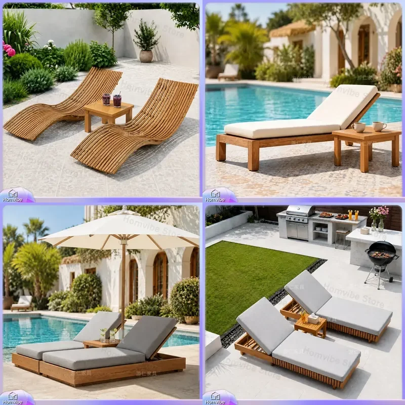 Outdoor Teak Lounger Waterproof Beach Chair Poolside Sunbed Resort Furniture Patio Deck Chaise Longue Garden Leisure Recliner
