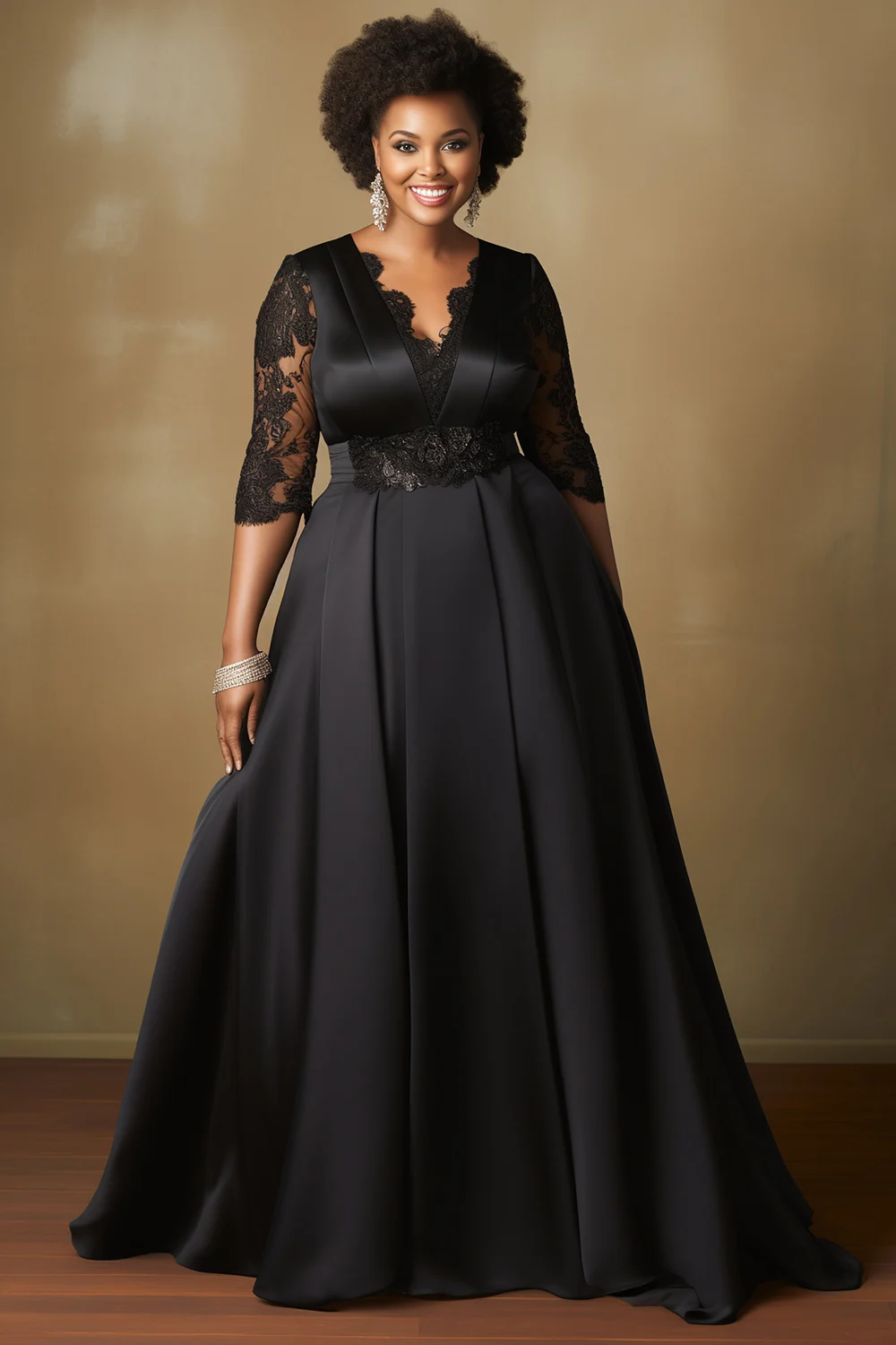 

Свадебные черные платья больших размеров с V-образным вырезом и половиной рукавов, элегантные контрастные кружевные атласные платья макси