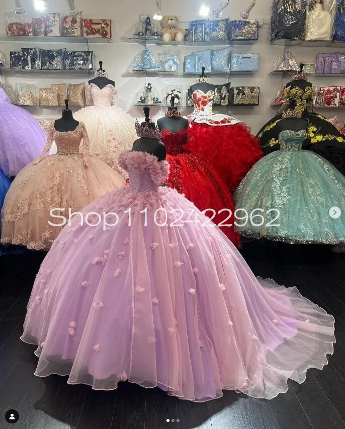 

Pink Tulle Candy Princess Quinceanera Dresses Off Shoulder 3D Floral Lace-up Corset Prom Vestidos de 15 quinceañeras charros