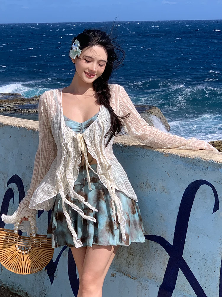 

Милый и соблазнительный купальник-бикини для женщин, комплект из трех предметов, большие размеры, скрывающий недостатки фигуры, для горячих источников, стройнящий, с длинными рукавами