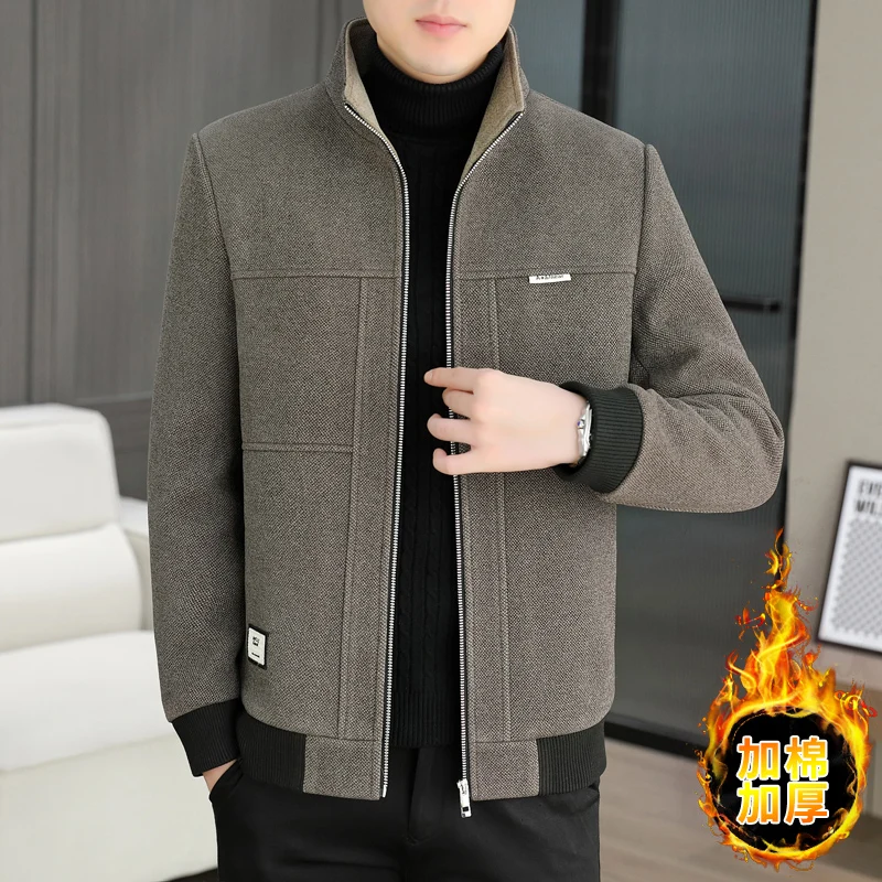 

Зимняя шерстяная куртка со стоячим воротником для мужчин, деловая офисная шерстяная смешанная куртка, облегающее толстое теплое пальто 2025
