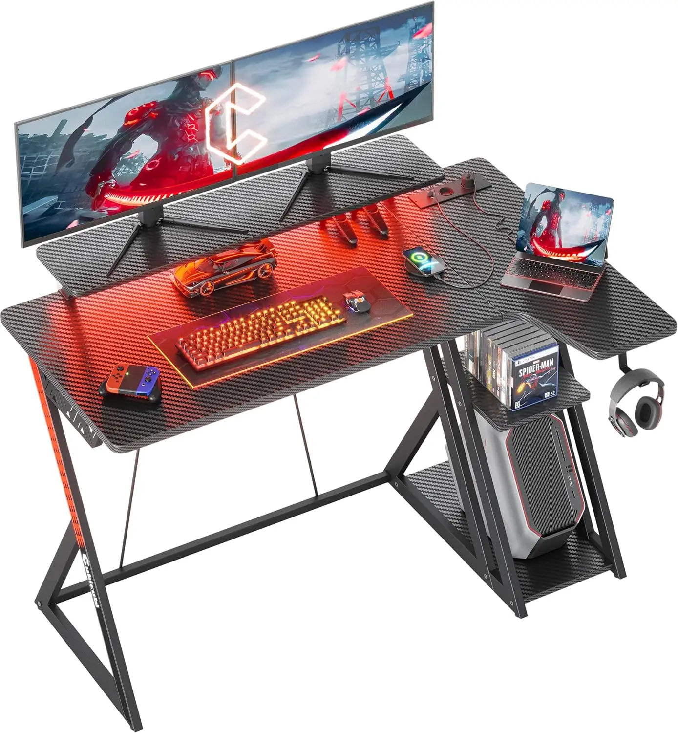 Gaming-Computertisch mit LED-Leuchten und Ablagefächern, 120 cm kleiner L-förmiger Eckschreibtisch