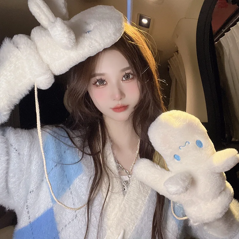 อะนิเมะ Cinnamoroll Plush ถุงมือหมวกผ้าพันคอ Sanrioed Kawaii ฤดูใบไม้ผลิฤดูหนาวนุ่มหนาสาวหวานนักเรียนเทศกาลวันเกิดของขวัญ