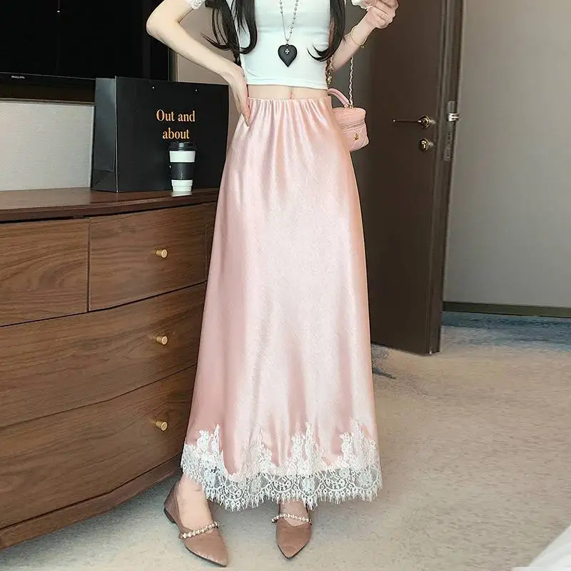 Femmes taille haute dentelle Satin jupes couleur unie été femme élégante enveloppé hanche jupes longues a-ligne dames mode Streetwear