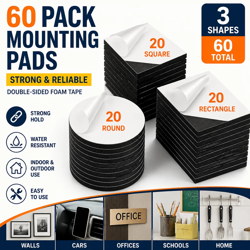 Double-sided tape, strong adhesive tape, black self-adhesive strong foam pads, including round (20 pieces), rectangular (20 pieces), and square (20 pieces), suitable for walls, cars, offices, schools, and homes.