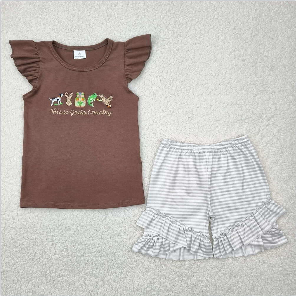

Girls fashion design children wholesale boutique outfits Embroidery Baby Girls Brown Gods Country Top Ruffle Stripe Shorts Sets
