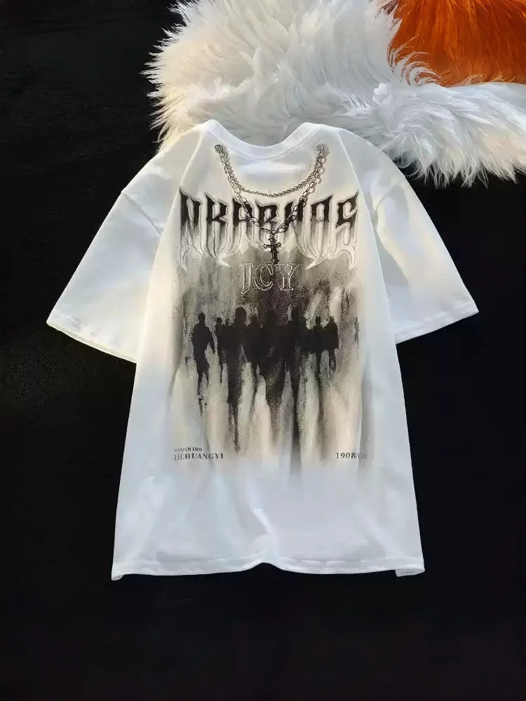 2026 New High Street Short Sleeve T Shirt for Men Women Couple, Necklace Print Hip Hop Loose Casual Streetwear Daily Tops
