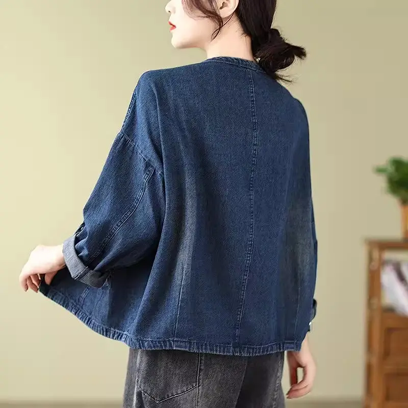 Spring and Autumn Long Sleeve Retro Denim Coat Women's Casual Loose Korean Edition Fashion Trendy Top Jeans Jaqueta K1747