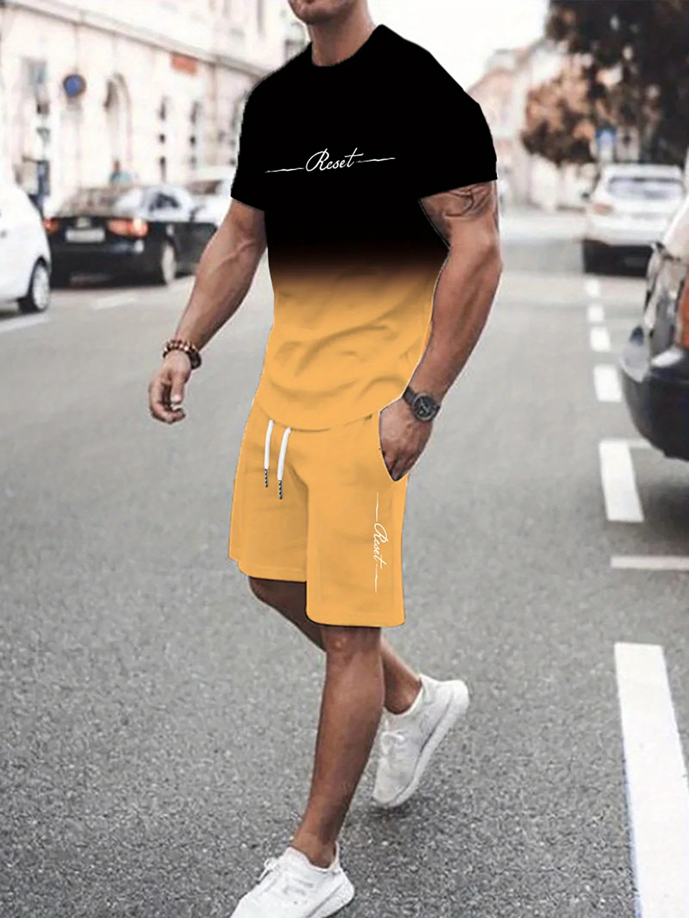 T-shirt da uomo con stampa di lettere a colori sfumati Pantaloncini Set da 2 pezzi T-shirt da uomo casual a maniche corte con tasca laterale Abbigliamento