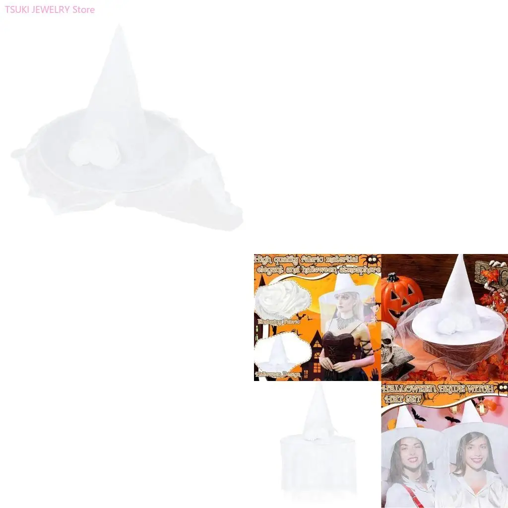 62KE Scary Halloween Bride Witch Hat with Veil Bride Wizard Hat Costume Headwear Birthday Cosplay Headpiece Costume