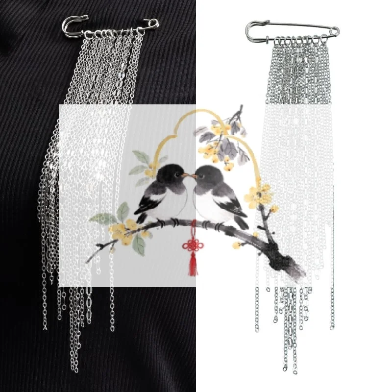 Fashion Exaggerated Metal Chain Tassel Chain Pin Brooch For Women New Cool Suit Shirt Charm Fixed Needle Accessories Jewelry