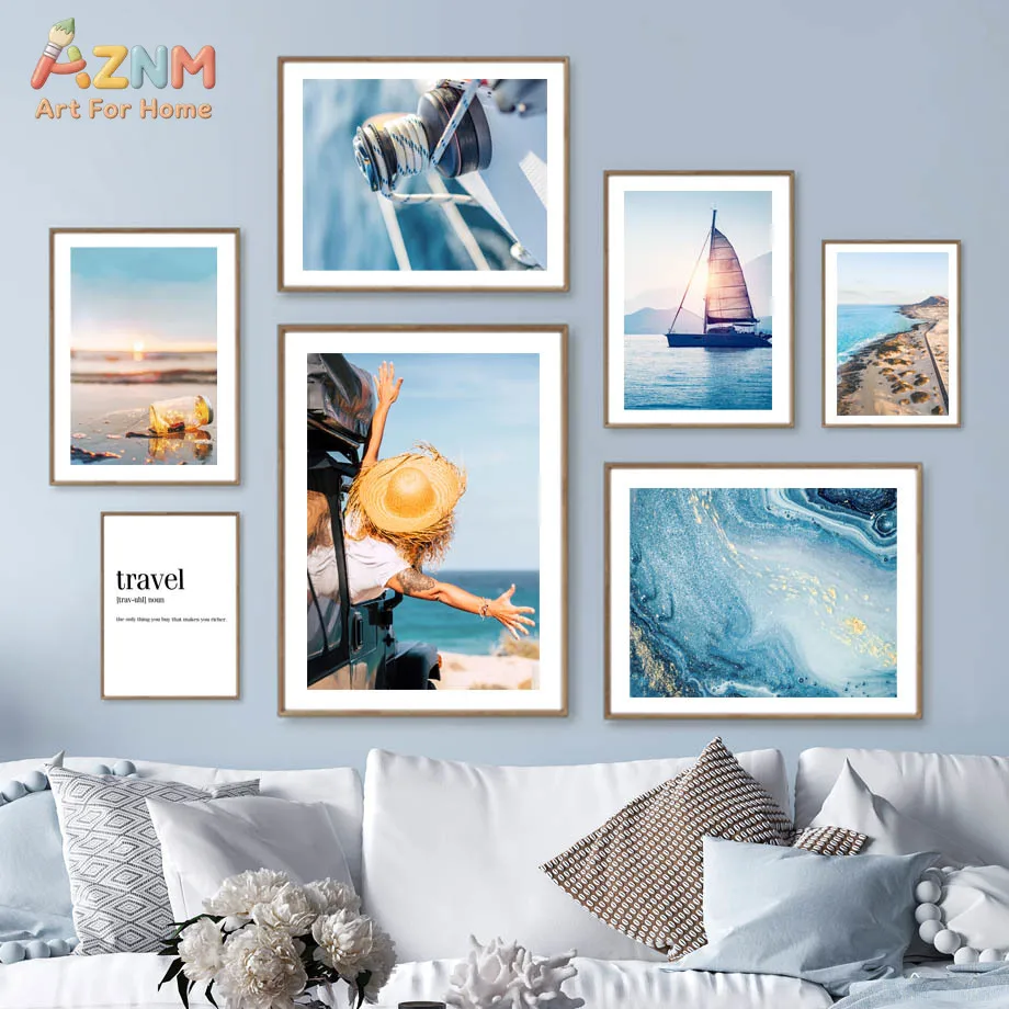 AZNM Blue Ocean Seascape Canvas Print Sailboat Dolphin Whale Tail Coastal Rock Sunset Abstract Marble Texture Wall Poster Unfram