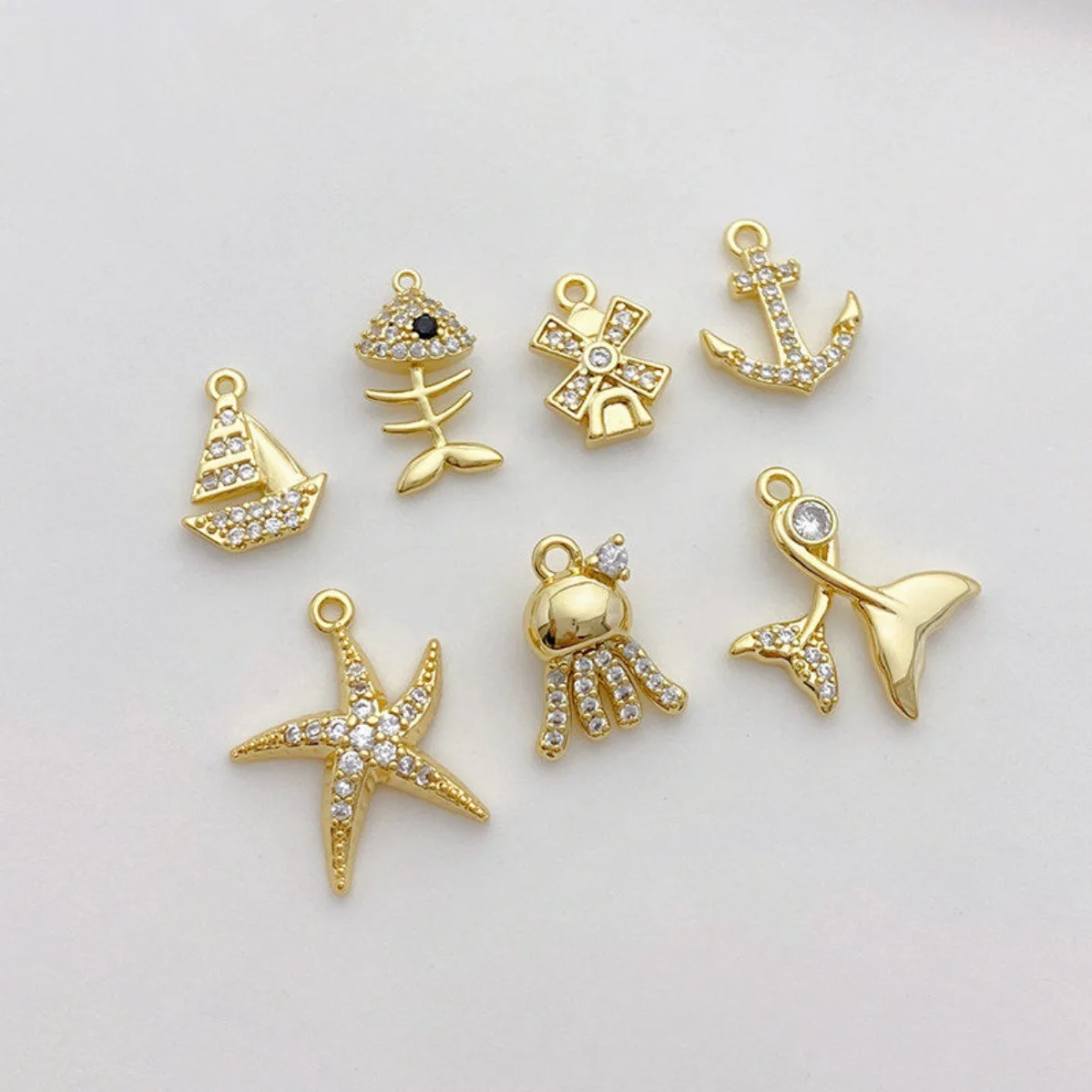 14K Gold Plated Inlaid Cubic Zirconia Starfish Sailing Pendant Ocean Series Charm DIY Findings for Bracelet Jewelry Making