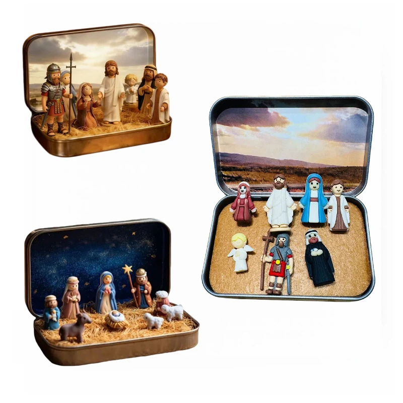 PVC Nativity Scene Set Horse Slot Shaped Iron Box Packaging Ornament Mini Christmas Scene Ornament Home Decoration Gift 2026